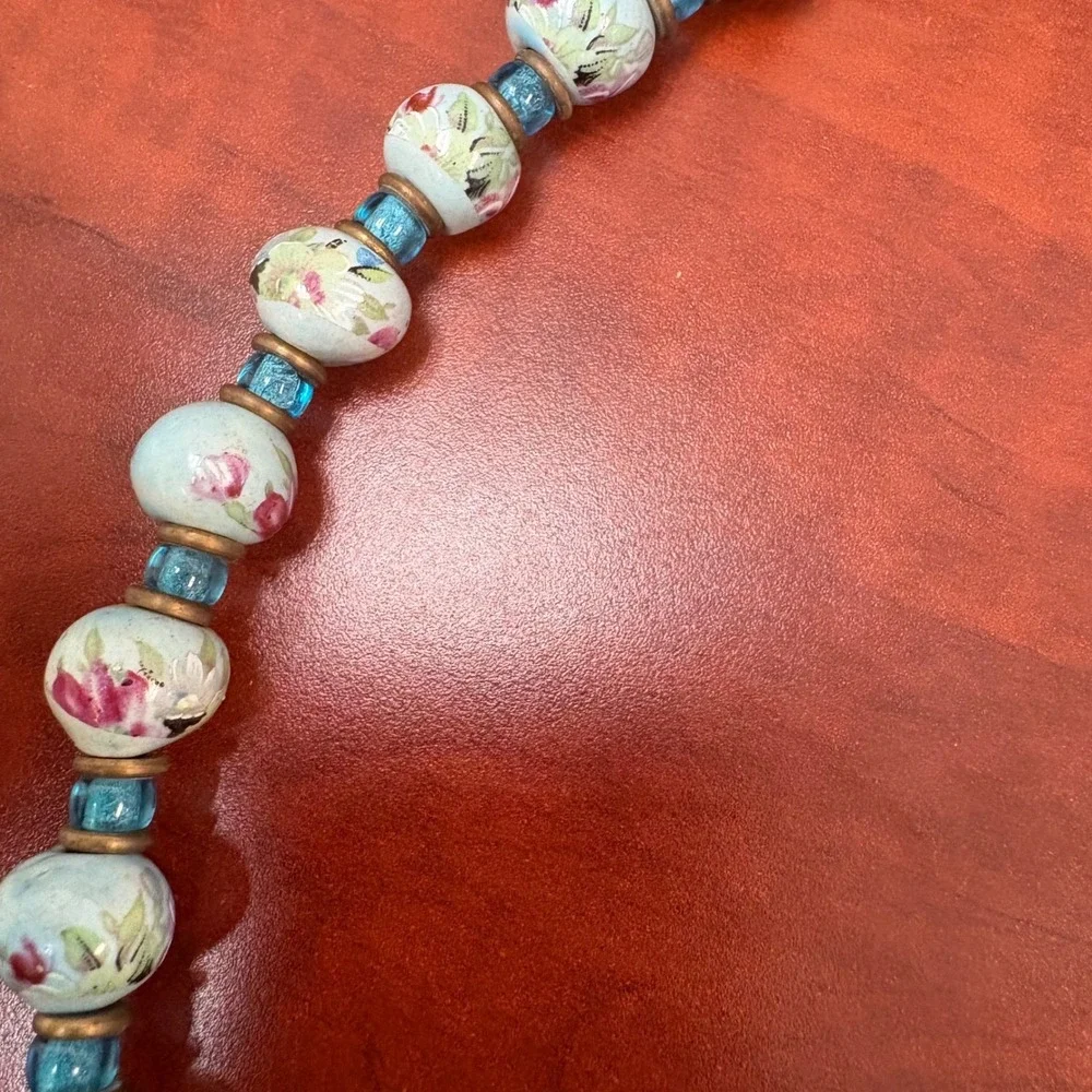 Vintage Floral Ceramic Bead Necklace Turquoise‎ Boho Statement